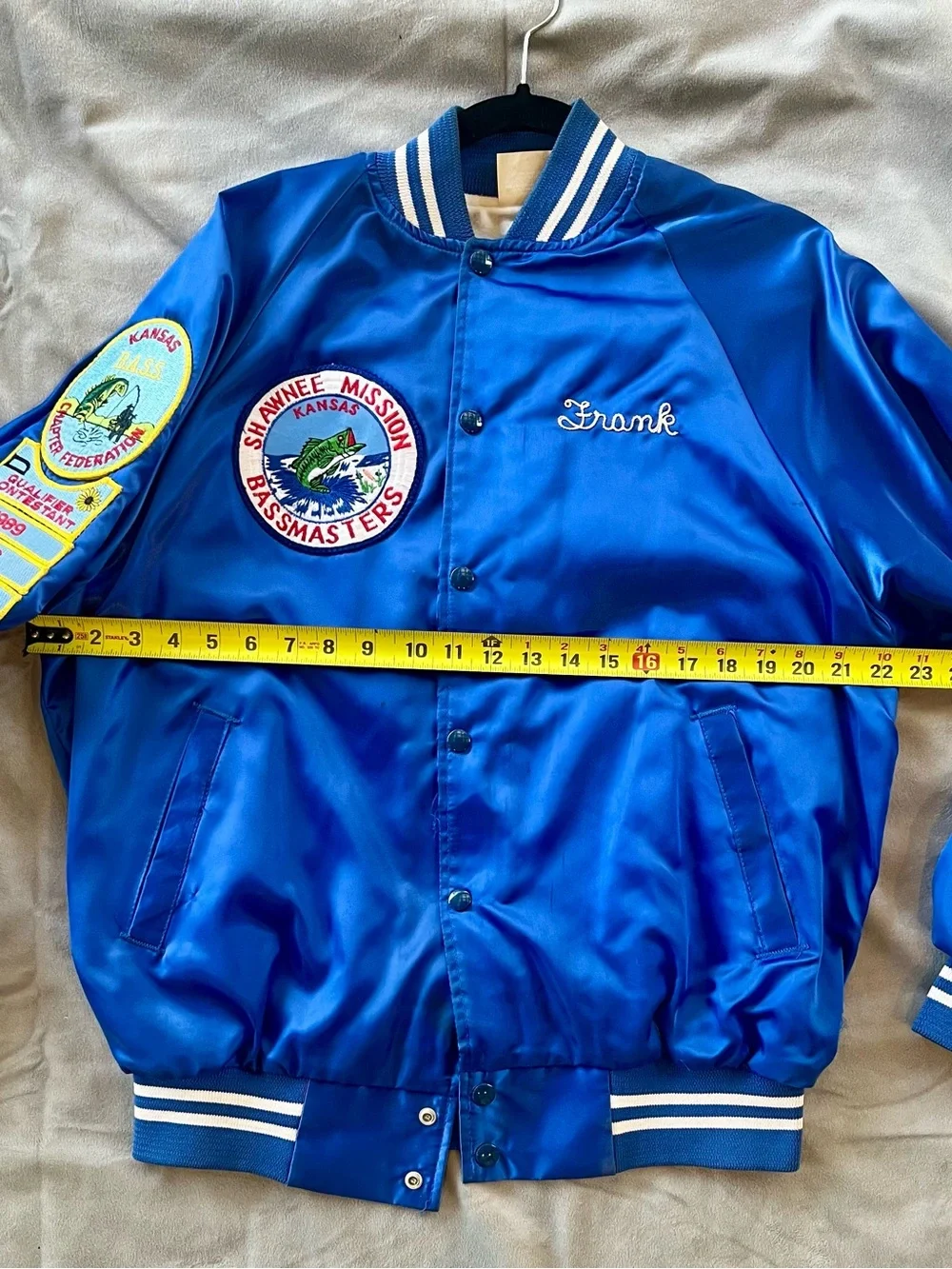 Vintage Shawnee Mission Bassmasters Blue Satin Bomber Jacket with Embroidery